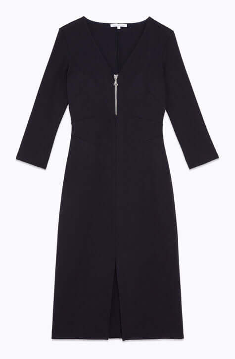 THIS FEMININE YET DARING MIDI DRESS HAS A CONTRASTING METAL ZIP AND FITS SNUGLY AROUND THE WAIST. Fitted waist Hand wash or dry clean Made in Italy Metal zip fastening at the front Midi cut The model is 1.76m and wears an Italian size 40 Three-quarter sl
