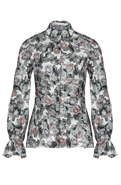 The LOAN is a floral printed viscose shirt featuring a pointed collar, a high-low hemline style and a concealed front button placket for closure. Anne Fontaine in-store Affairedefemmes.net