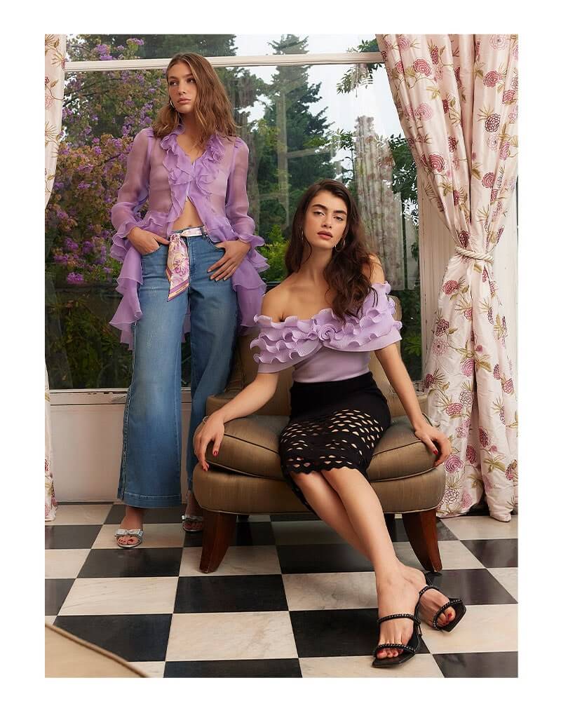 Anne Fontaine's  Dessin  Top, Lavender Off the Shoulder Top With Micro-Pleated Ruffle Trim.