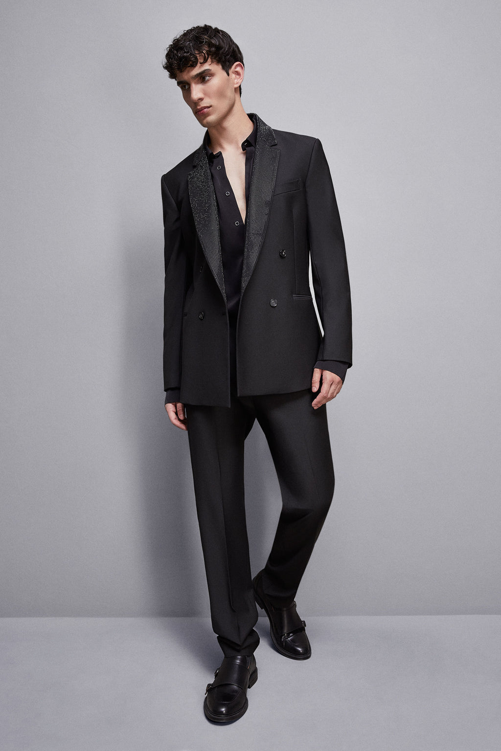 Black Double-breasted jacket with rhinestones