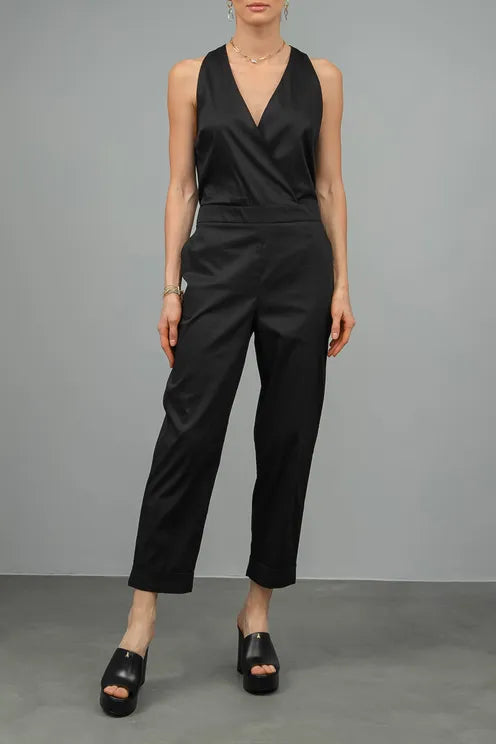 Long jumpsuit in stretch cotton-blend poplin