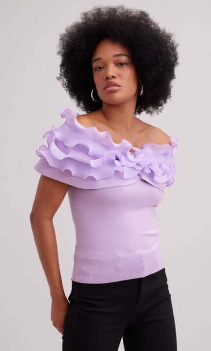 Anne Fontaine's  Dessin  Top, Lavender Off the Shoulder Top With Micro-Pleated Ruffle Trim.