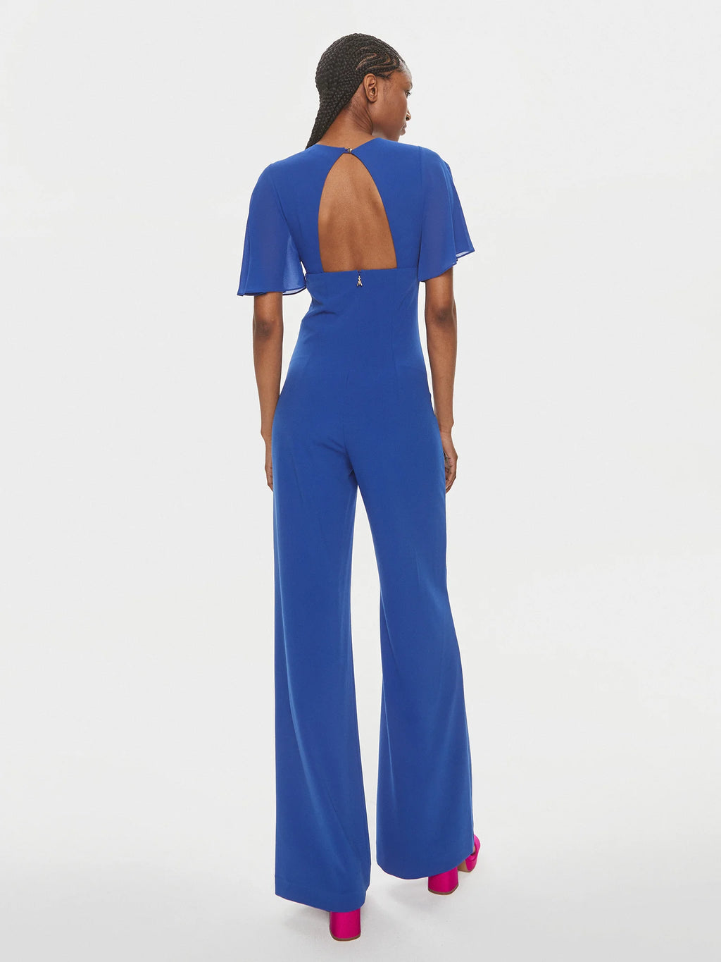 V-neck jumpsuit in sablé crepe fabric in Blue Wave