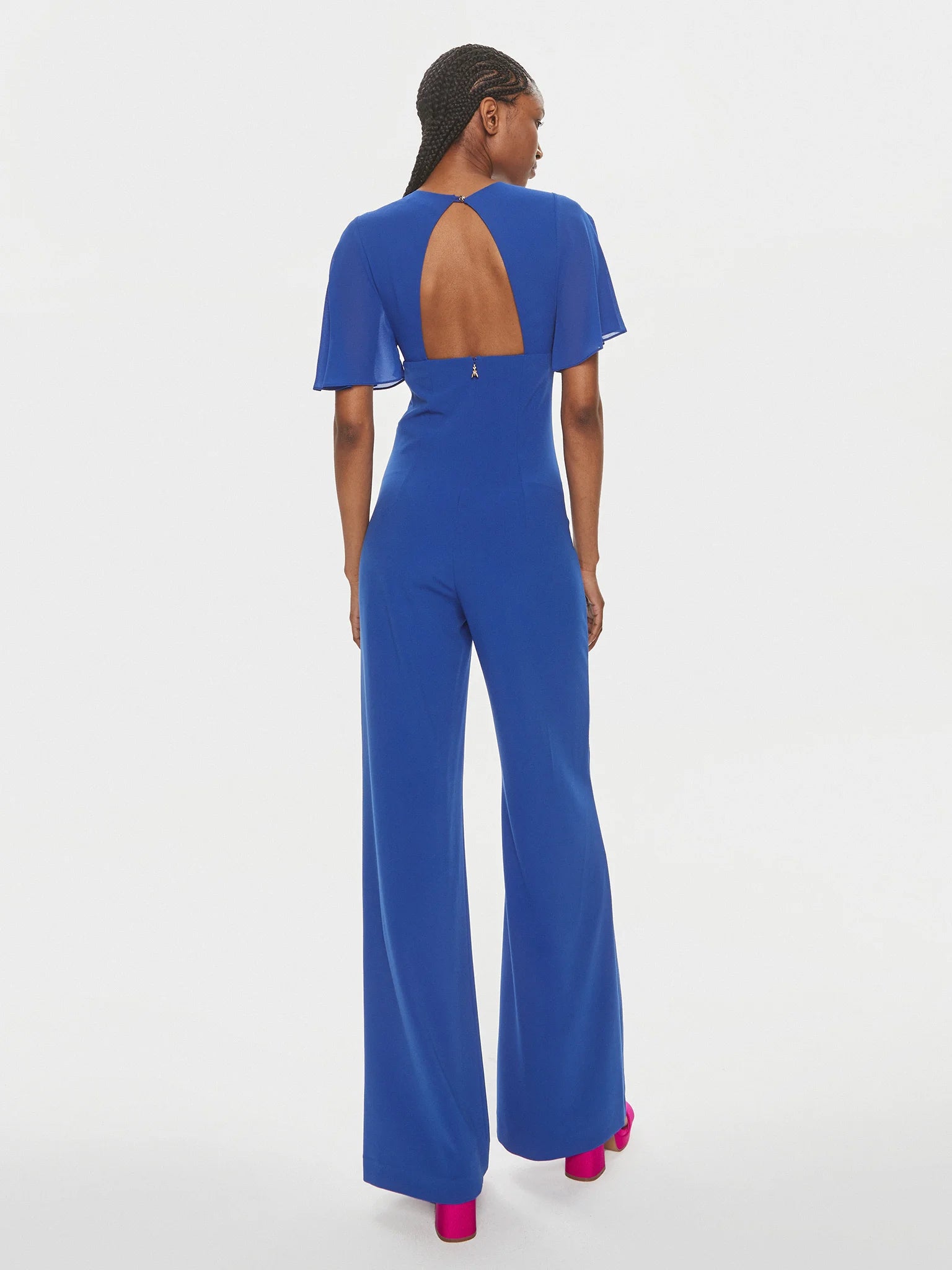 V-neck jumpsuit in sablé crepe fabric in Blue Wave