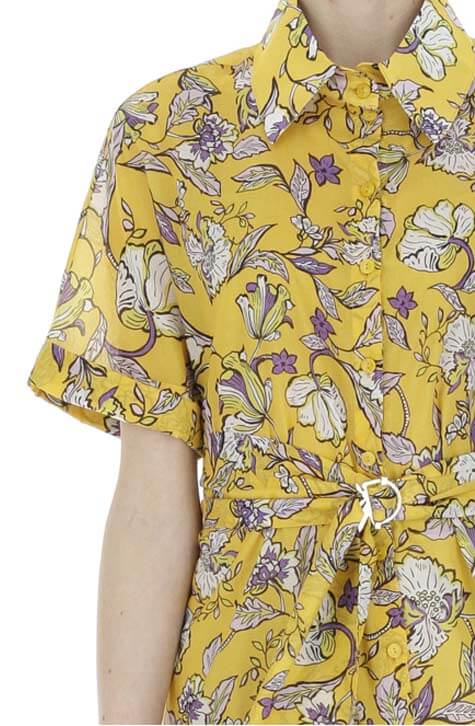 Mango & Lilac Indonesia Dress by Patrizia Pepe Oversized shirt dress in an exclusive Indonesian flower pattern with a matching slip. Close up of pattern and belt.