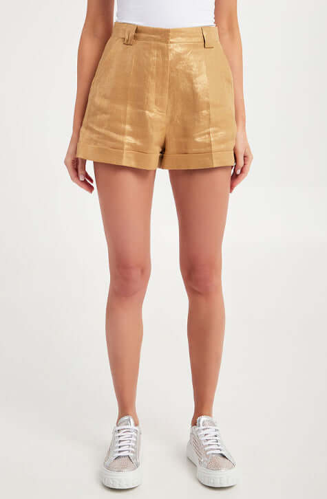 Mini linen Shorts with Gold finish.Golden Light Trousers by Patrizia Pepe 