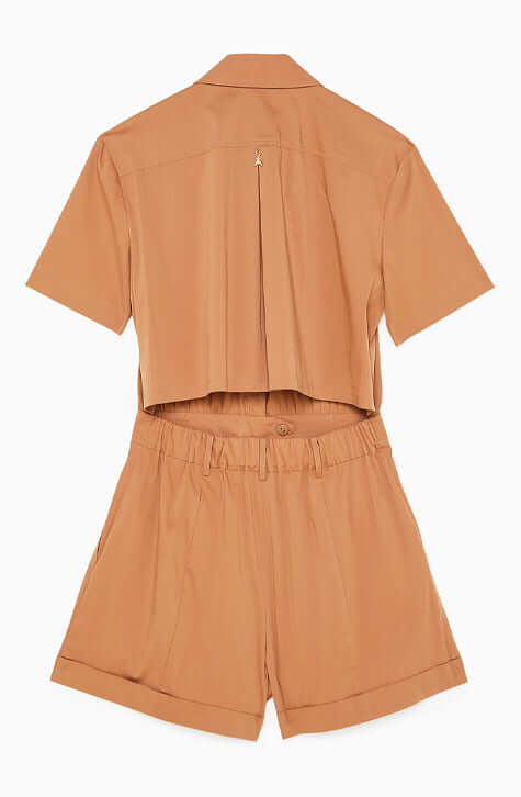 Cotton Stretch mini playsuit. Fly detail in the back.  Eban Brown