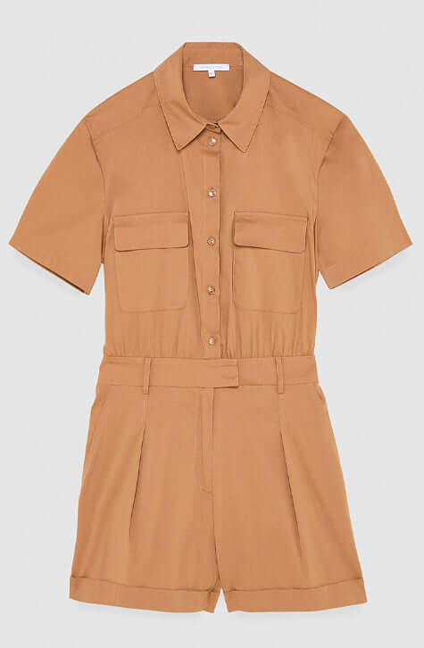 Cotton Stretch mini playsuit. Fly detail in the back.  Eban Brown