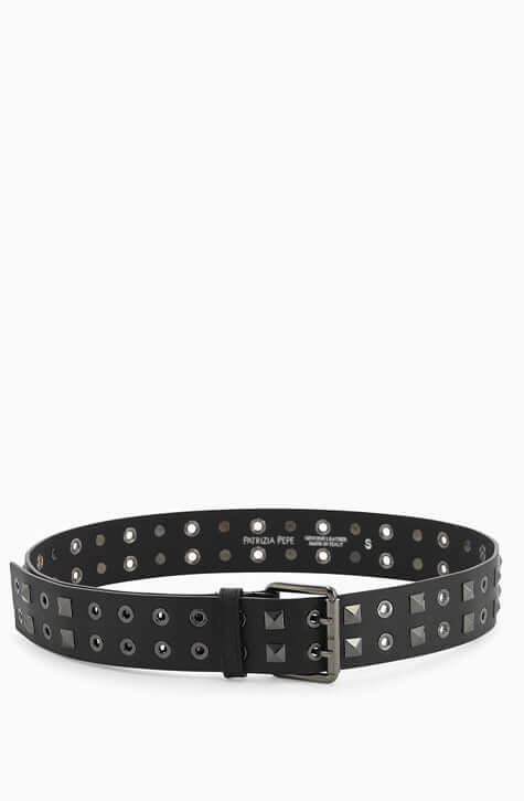 A dark-colored studded belt with a logo buckle, displayed on a plain background.