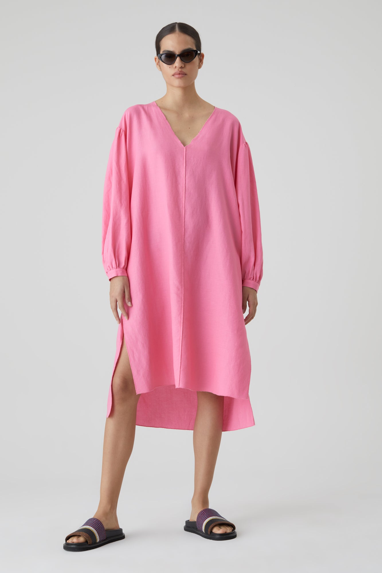 pink lilies puff sleeve dress