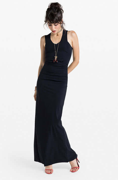 Long Black dress with gathering on the side for more flattering fit. Patrizia Pepe available at our digital boutique Affairedefemmes.net