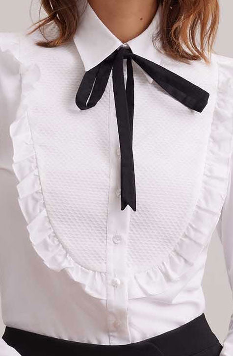 The MANUSCRIT is the perfect white shirt to complete your look. Featuring a large textured bib detail that is framed with a single ruffle. The classic collar, button placket and French cuffs that allow for cufflinks are cotton voile