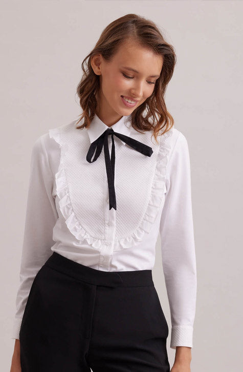 The MANUSCRIT is the perfect white shirt to complete your look. Featuring a large textured bib detail that is framed with a single ruffle. The classic collar, button placket and French cuffs that allow for cufflinks are cotton voile
