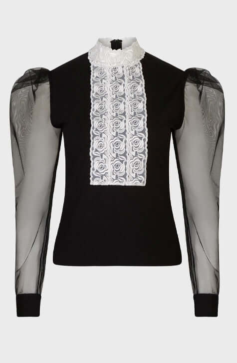 The EPOPEE is a black jersey pullover top with a center ribbon appliqué front made of a triple lace rose column that extends to create a mock neck. The pleated shoulders give way to a voluminous sheer sleeve that are finished with black jersey single French cuffs that allow for cufflinks. The EPOPEE features a hidden zipper at the back for closure.