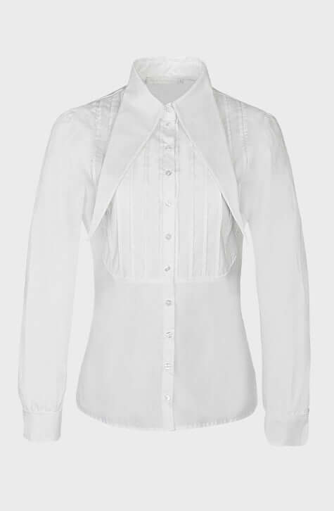 The ALFRED is a modern shirt with a contemporary fit, made from lightweight poplin. The point collar is extended and long, with a French cuff that allows for cufflinks. Pintucks on the shoulders and front bib create a feminine touch. Princess darts on the back provide a flattering shape. Wear this as part of your work wardrobe or as everyday casual wear.