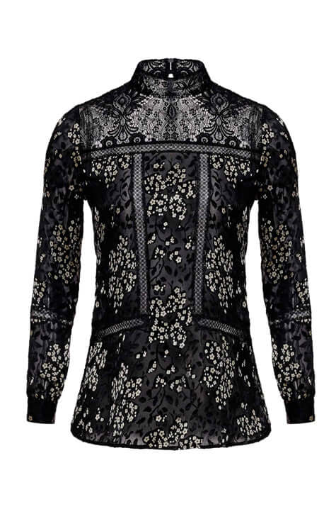 LALI €350.00 BLACK AND WHITE SUBLIMINAL PRINT FLORAL BLOUSE WITH LACE DETAILS