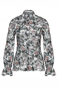 The LOAN is a floral printed viscose shirt featuring a pointed collar, a high-low hemline style and a concealed front button placket for closure. Anne Fontaine in-store Affairedefemmes.net