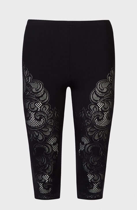 The COSMOS are pull on black cycling shorts made so that you can wear them comfortably from a workout to lunch with friends. The COSMOS are crafted from flexible stretch fabric and feature an open pointelle knit exposing the skin with an abstract pattern.