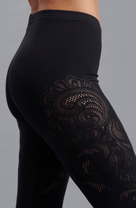 The COSMOS are pull on black cycling shorts made so that you can wear them comfortably from a workout to lunch with friends. The COSMOS are crafted from flexible stretch fabric and feature an open pointelle knit exposing the skin with an abstract pattern.