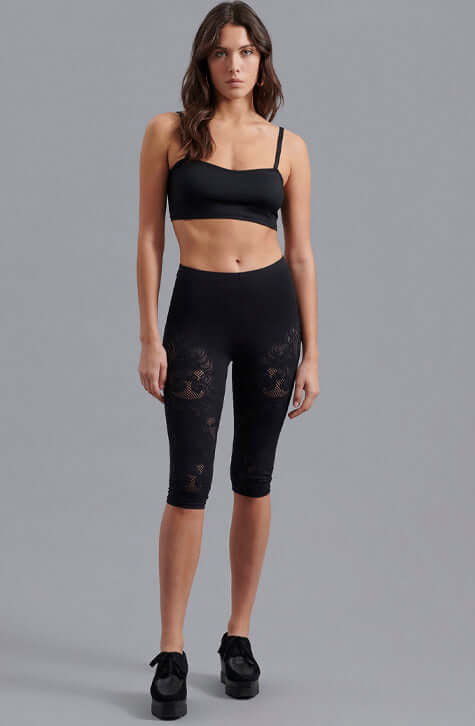 The COSMOS are pull on black cycling shorts made so that you can wear them comfortably from a workout to lunch with friends. The COSMOS are crafted from flexible stretch fabric and feature an open pointelle knit exposing the skin with an abstract pattern.