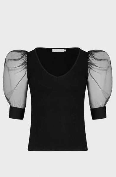 The AERIAL is a  pima cotton top enhanced with voluminous sleeves crafted from a sheer mesh fabric and featuring an elegant V-neckline. The AERIAL is both refined and understated making it a perfect addition to your wardrobe to wear to the office and for evening events.