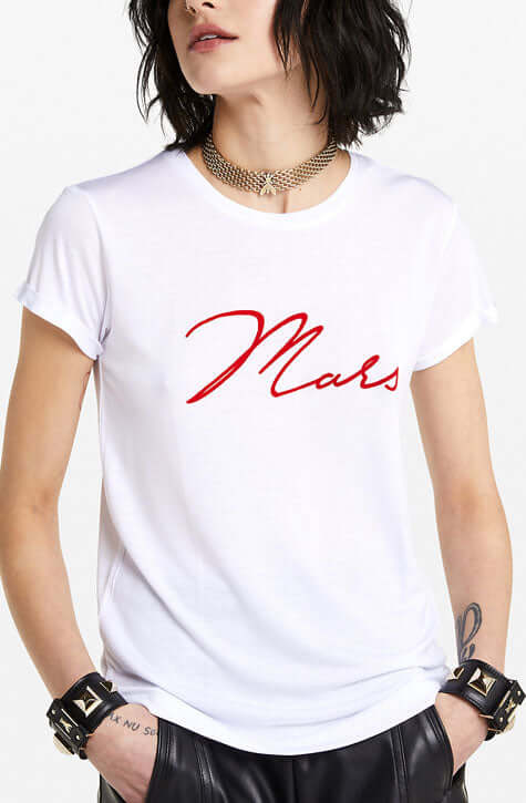White T-shirt with ‘Mars'  print on the front. Patrizia Pepe available at our digital Boutique Affairedefemmes.net