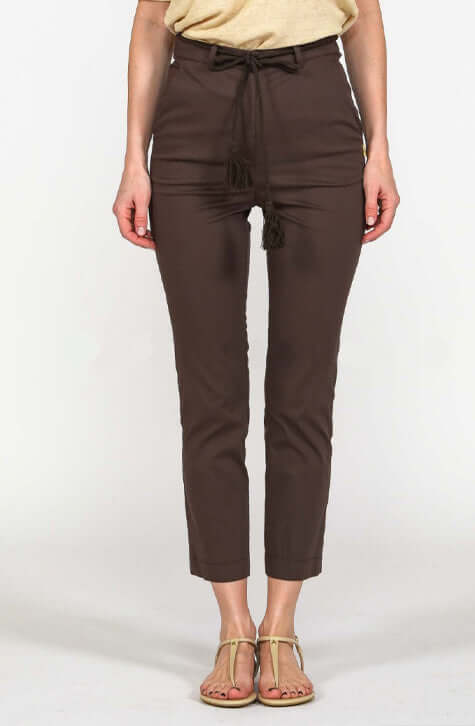 Eban Brow trousers by Patrizia Pepe. Slim fit, ankle length trousers in Eban Brown with belt in same colour. Made of stretch poplin. 2P1415 A23 B738